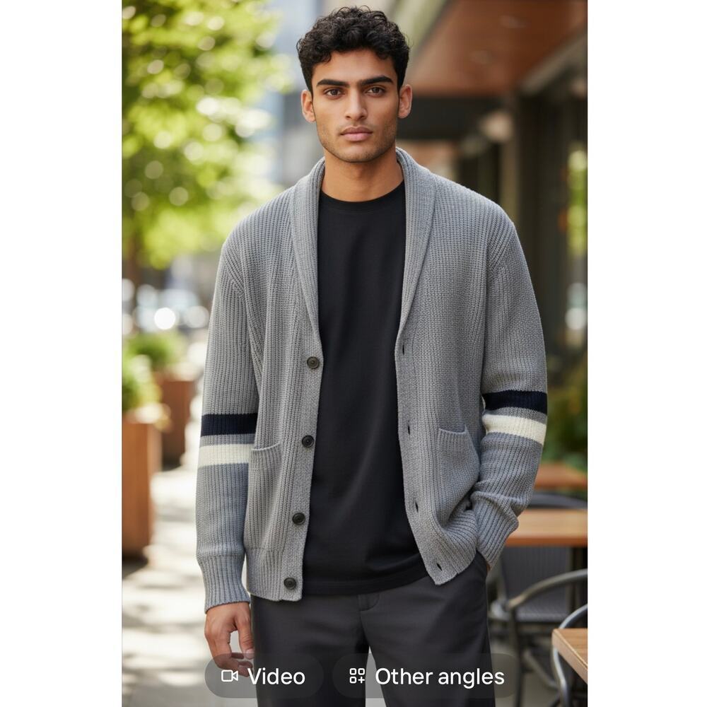 Men’s American Eagle Retro Cardigan XS Gray Stripe Sleeve Button Front Sweater